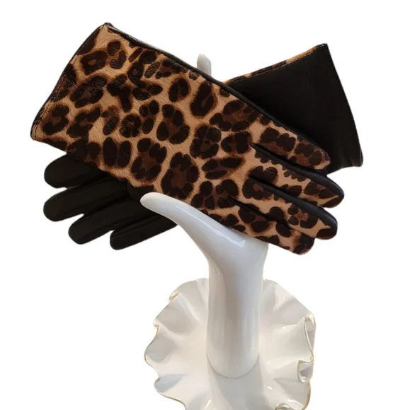 J McLaughlin Camilla Leather Leopard Gloves Size Medium New With Tag - Picture 2 of 14
